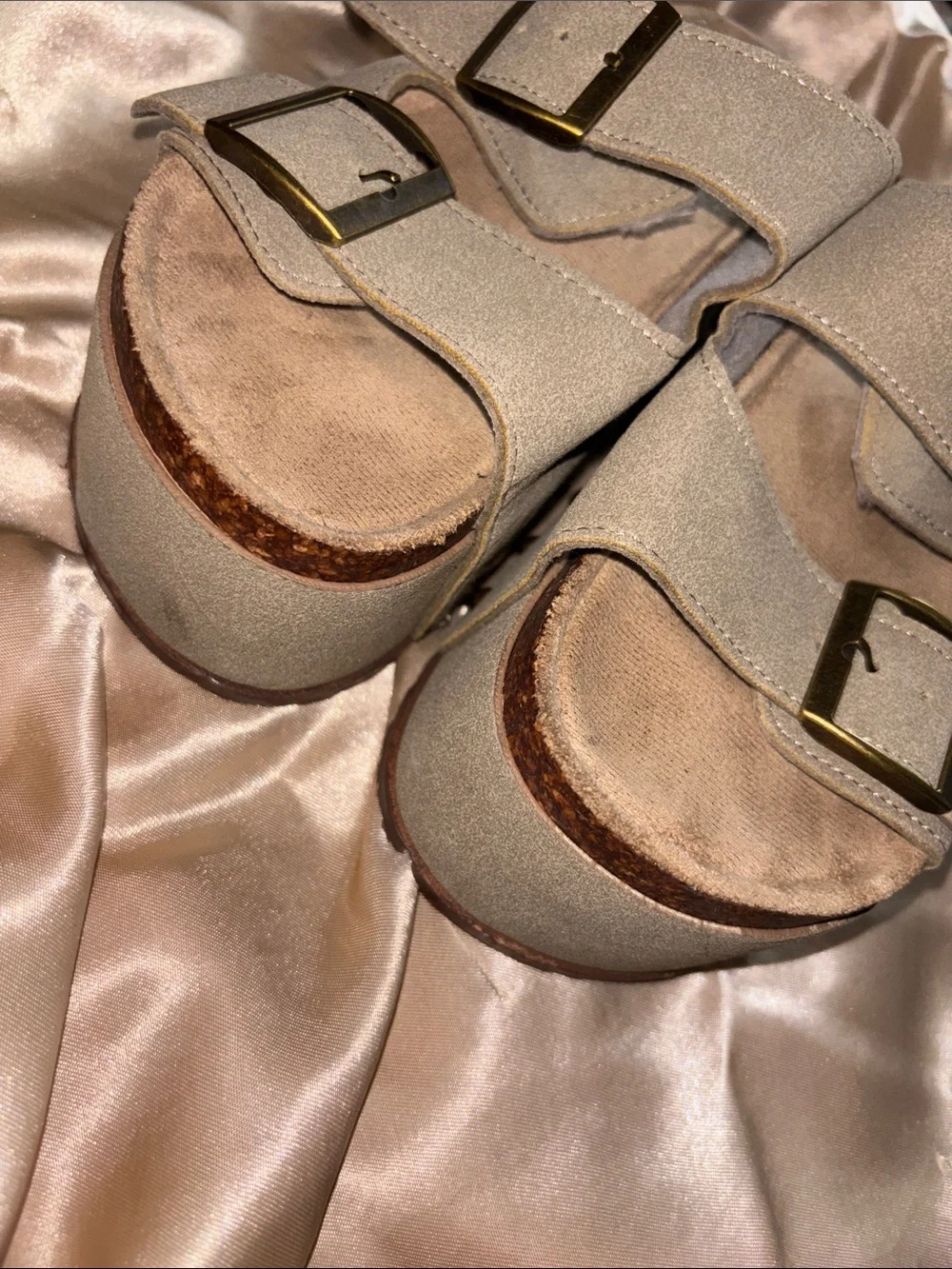 Madden Girl Taupe Double-Buckle Slide Sandals with Gold Buckles